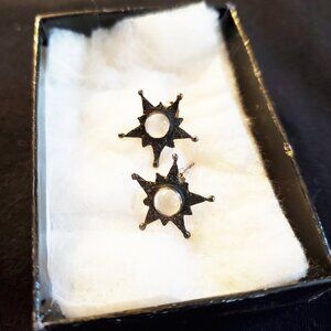 Rare Vintage Moonstone Star Stud Earrings in Hammered Metal Setting